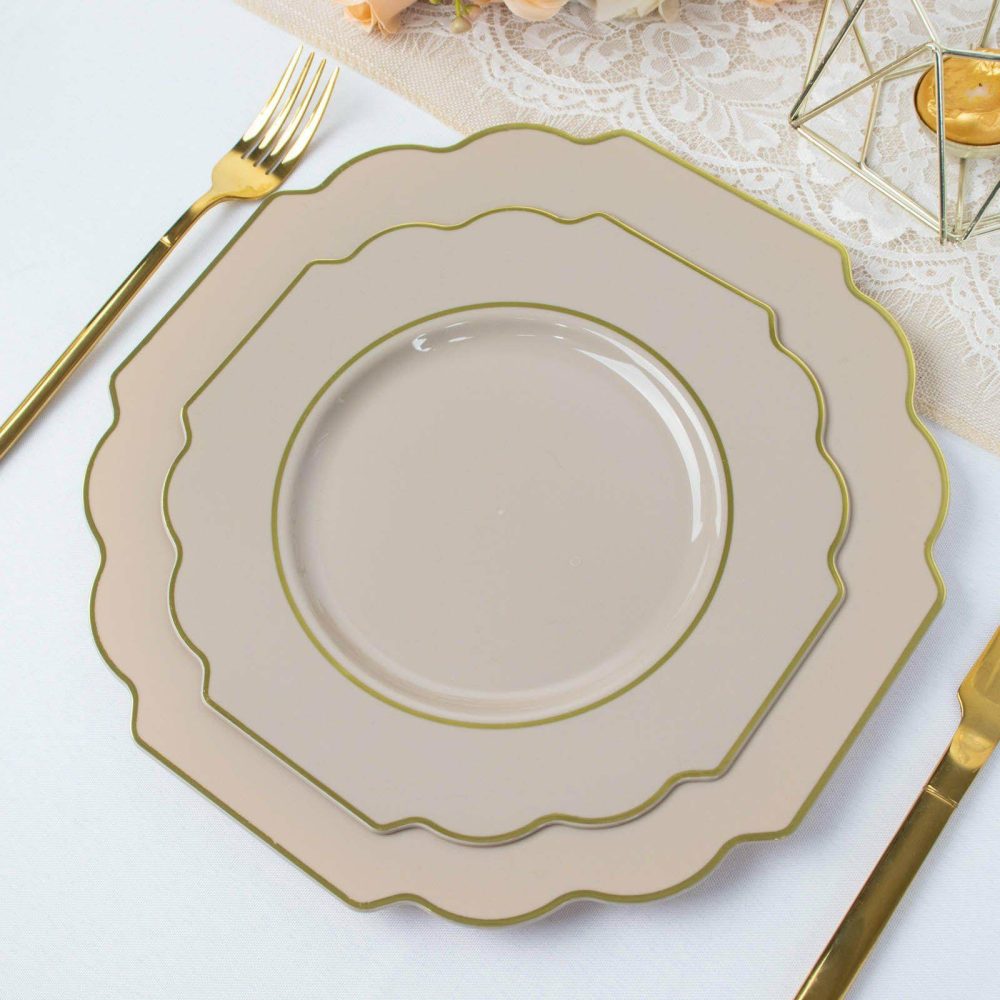 10 Pack Taupe Hard Plastic Dessert Appetizer Plates, Disposable Tableware, Baroque Heavy Duty Salad Plates with Gold Rim 8″  |   Disposable Salad/Dessert Plates Disposable Plates Disposable Salad/Dessert Plates