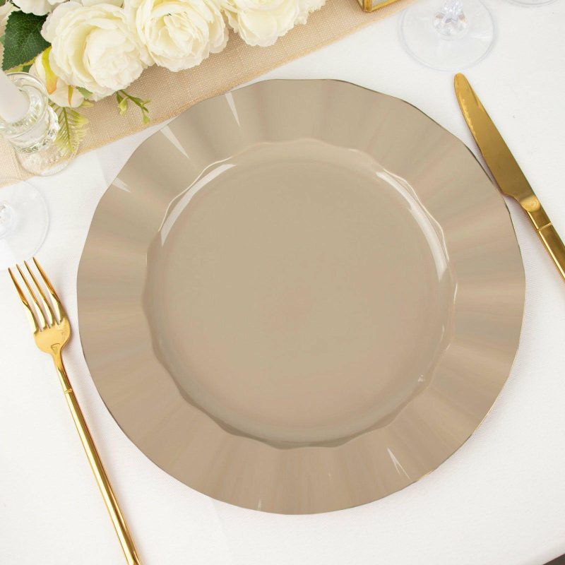 10 Pack Taupe Plastic Party Plates With Gold Ruffled Rim, Round Disposable Dinner Plates 11″  |   Disposable Dinner Plates Disposable Dinner Plates Disposable Dinner Plates