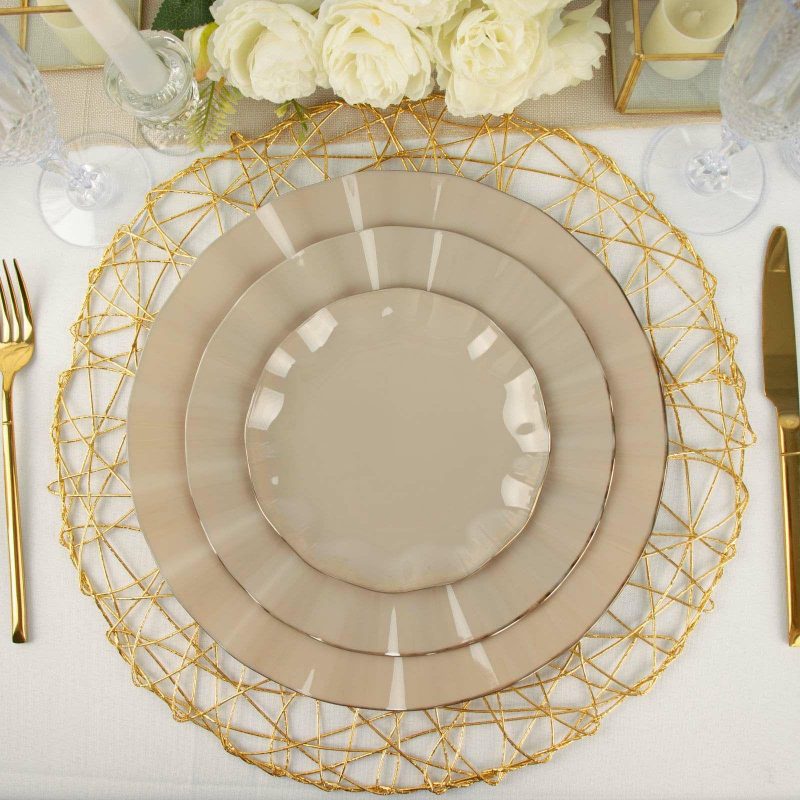 10 Pack Taupe Plastic Party Plates With Gold Ruffled Rim, Round Disposable Dinner Plates 11″  |   Disposable Dinner Plates Disposable Dinner Plates Disposable Dinner Plates