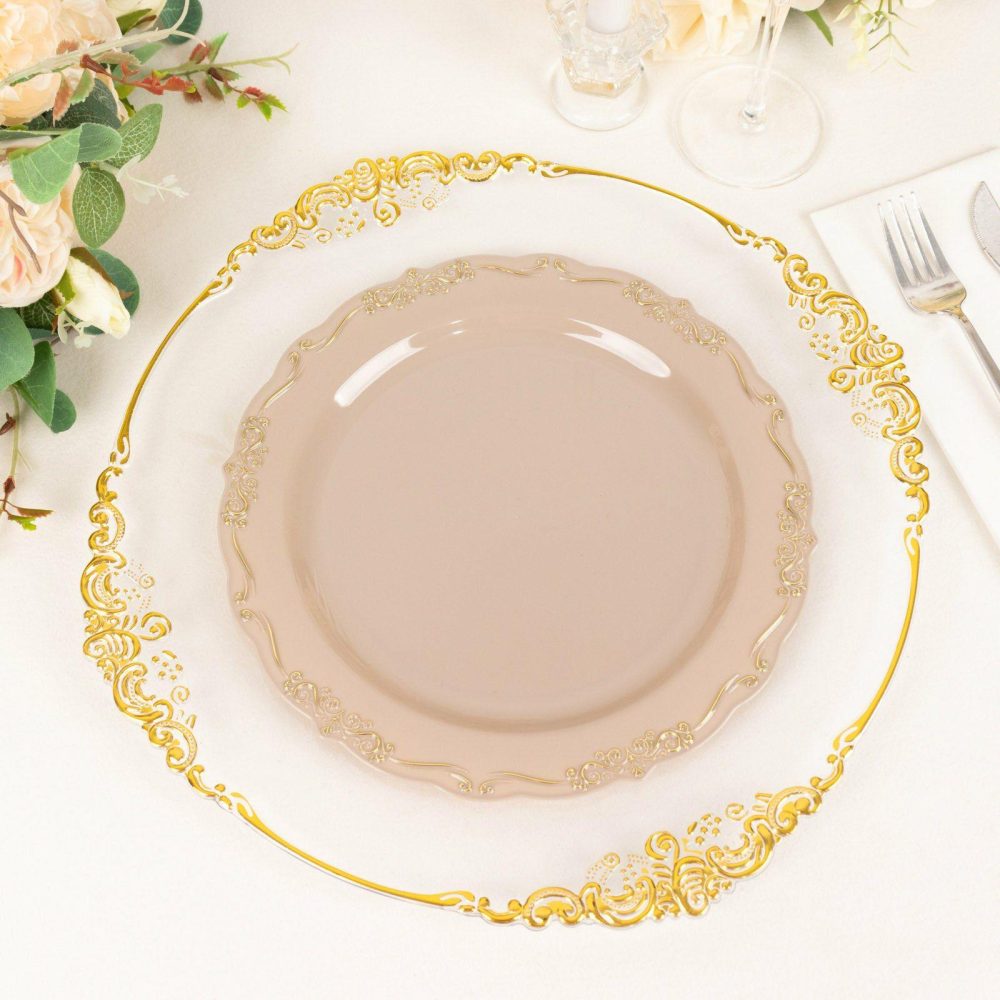 10 Pack Taupe With Gold Vintage Rim Hard Plastic Dinner Plates With Embossed Scalloped Edges, Disposable Party Plates 10″  |   Disposable Dinner Plates Disposable Dinner Plates Disposable Dinner Plates