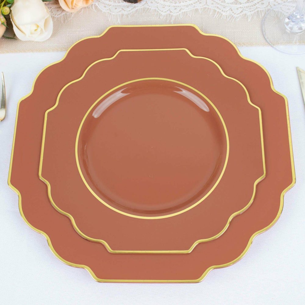 10 Pack Terracotta (Rust) Hard Plastic Dessert Appetizer Plates, Disposable Tableware, Baroque Heavy Duty Salad Plates with Gold Rim 8″  |   Disposable Salad/Dessert Plates Disposable Plates Disposable Salad/Dessert Plates