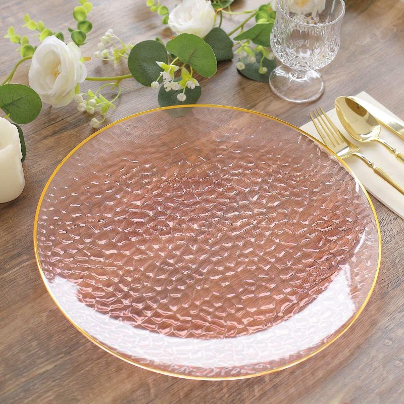 10 Pack Transparent Blush Hammered Economy Plastic Charger Plates With Gold Rim, Round Dinner Chargers Event Tabletop Decor – 13″  |   Acrylic Charger Plates Acrylic Charger Plates Acrylic Charger Plates