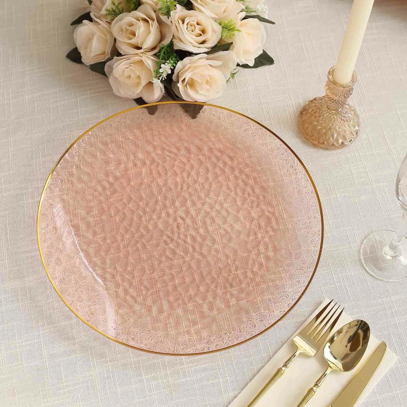 10 Pack Transparent Blush Hammered Economy Plastic Charger Plates With Gold Rim, Round Dinner Chargers Event Tabletop Decor – 13″  |   Acrylic Charger Plates Acrylic Charger Plates Acrylic Charger Plates