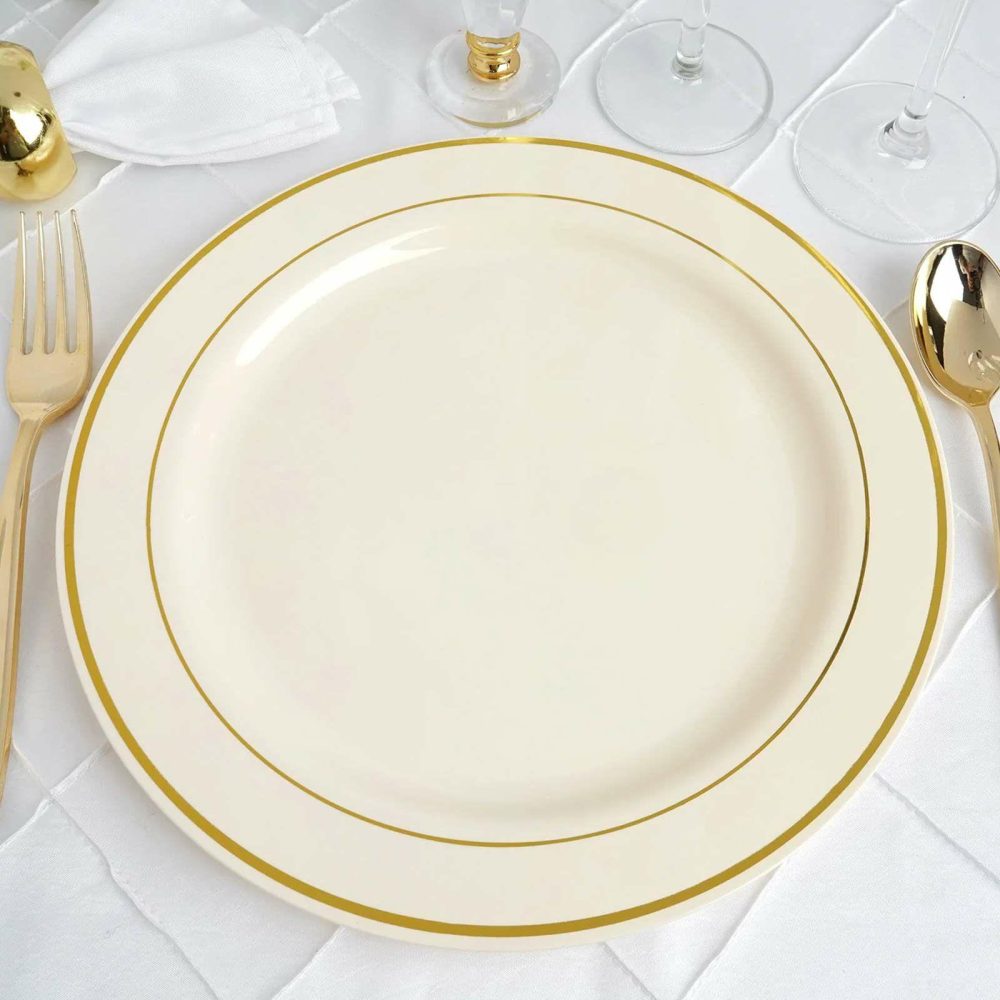 10 Pack Très Chic Gold Rim Ivory Plastic Dinner Plates, Disposable Party Plates 10″  |   Disposable Dinner Plates Disposable Dinner Plates Disposable Dinner Plates