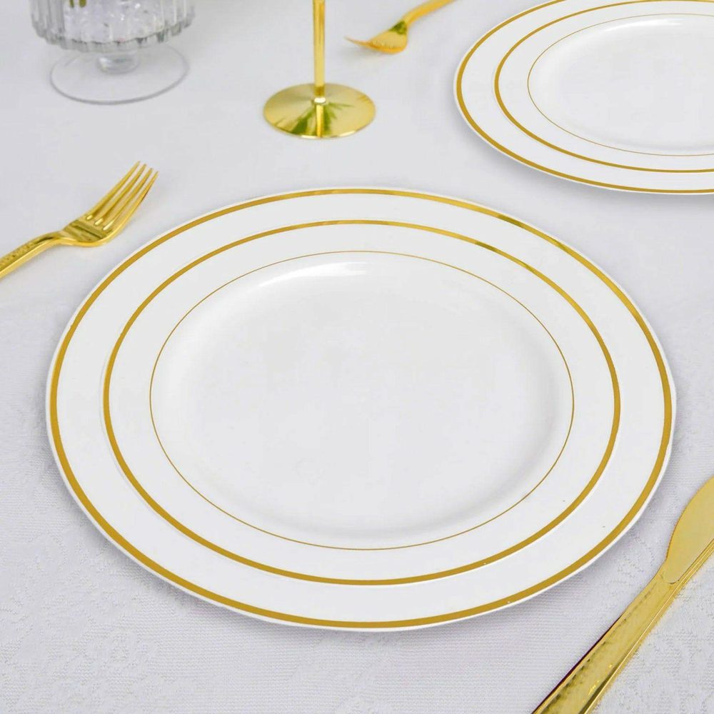 10 Pack Très Chic Gold Rim White Plastic Dessert Appetizer Plates, Disposable Salad Plates 8″  |   Disposable Salad/Dessert Plates Disposable Plates Disposable Salad/Dessert Plates