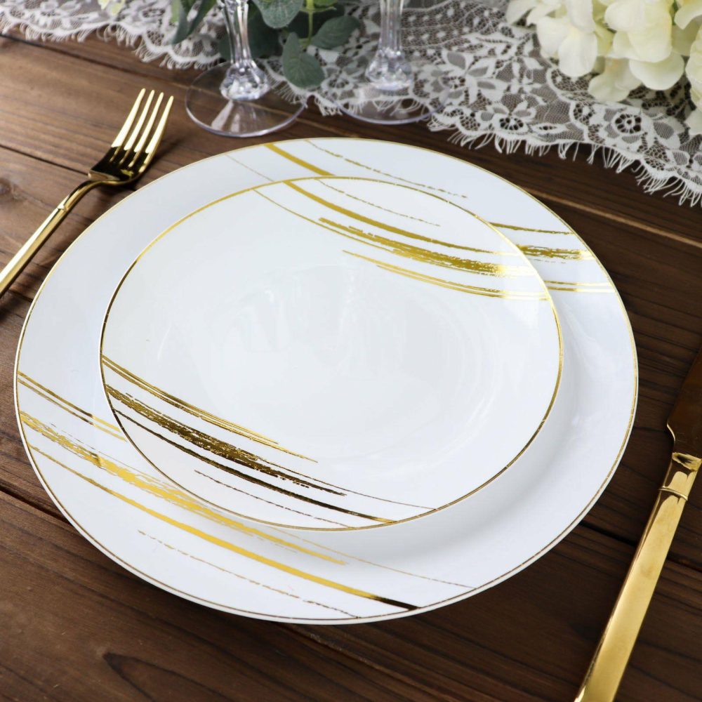 10 Pack White and Gold Brush Stroked Round Plastic Dessert Plates, Disposable Appetizer Salad Party Plates 7″  |   Disposable Salad/Dessert Plates Disposable Plates Disposable Salad/Dessert Plates