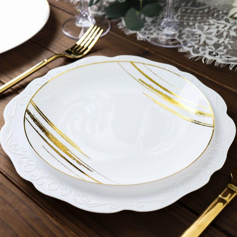 10 Pack White and Gold Brush Stroked Round Plastic Dessert Plates, Disposable Appetizer Salad Party Plates 7″  |   Disposable Salad/Dessert Plates Disposable Plates Disposable Salad/Dessert Plates