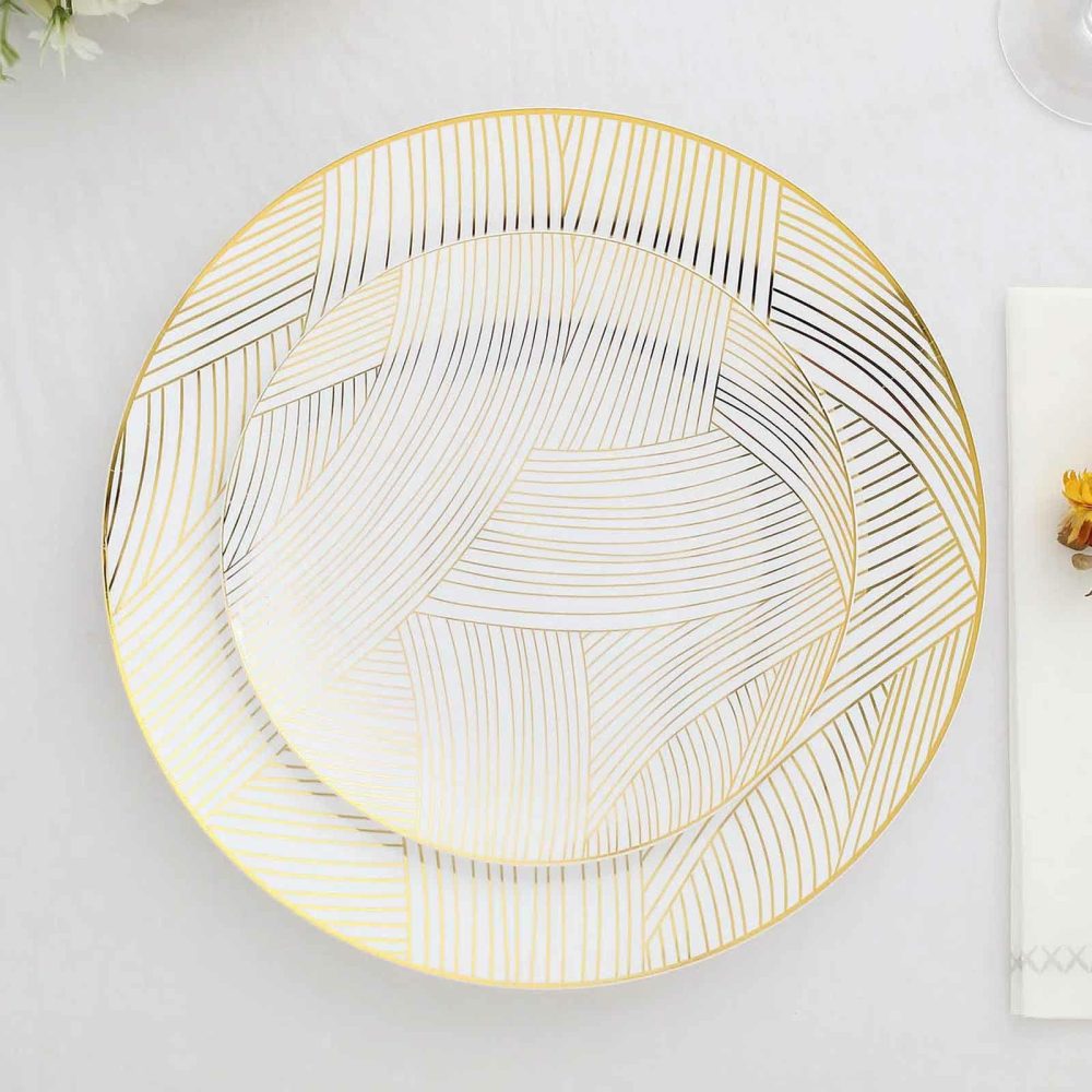 10 Pack White And Gold Wave Brush Stroked Plastic Dessert Plates, Disposable Appetizer Salad Plates 7″  |   Disposable Salad/Dessert Plates Disposable Plates Disposable Salad/Dessert Plates