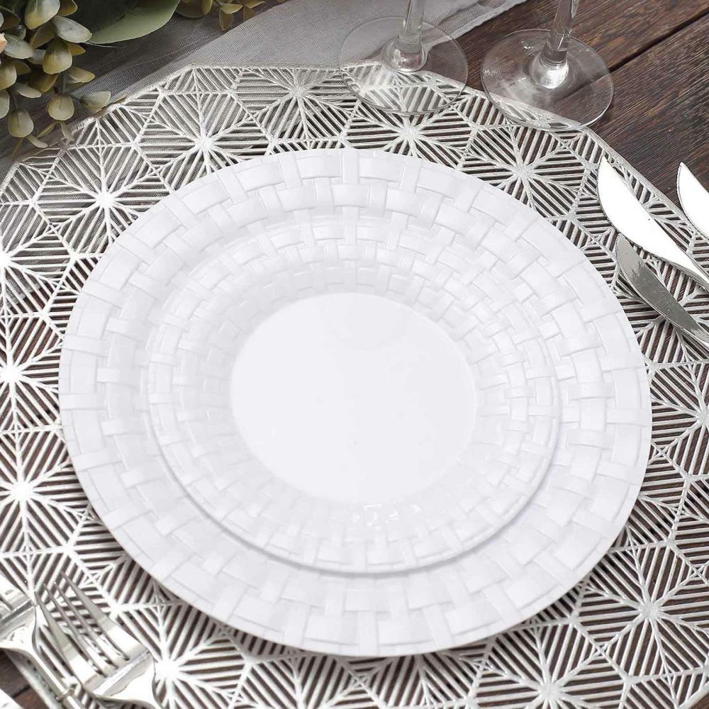 10 Pack White Basketweave Rim Plastic Salad Dessert Plates, Round Disposable Appetizer Plates 7″  |   Disposable Salad/Dessert Plates Disposable Plates Disposable Salad/Dessert Plates