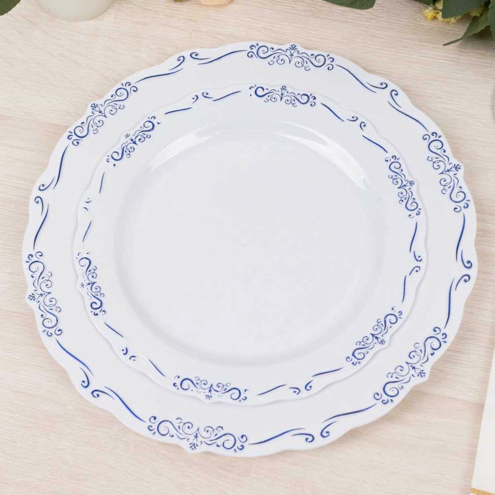 10 Pack White Blue Vintage Rim Hard Plastic Dessert Plates Embossed Scalloped Edges, Round Disposable Appetizer Salad Plates – 7″  |   Disposable Salad/Dessert Plates Disposable Plates Blue