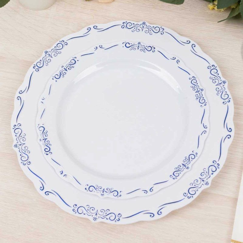 10 Pack White Blue Vintage Rim Hard Plastic Dessert Plates Embossed Scalloped Edges, Round Disposable Appetizer Salad Plates – 7″  |   Disposable Salad/Dessert Plates Disposable Plates Blue