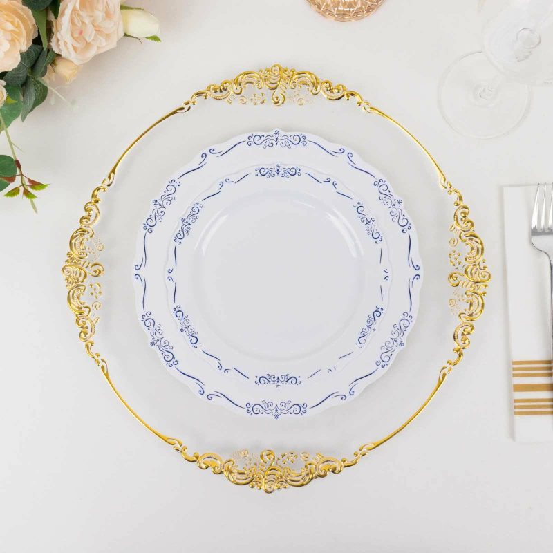 10 Pack White Blue Vintage Rim Hard Plastic Dessert Plates Embossed Scalloped Edges, Round Disposable Appetizer Salad Plates – 7″  |   Disposable Salad/Dessert Plates Disposable Plates Blue