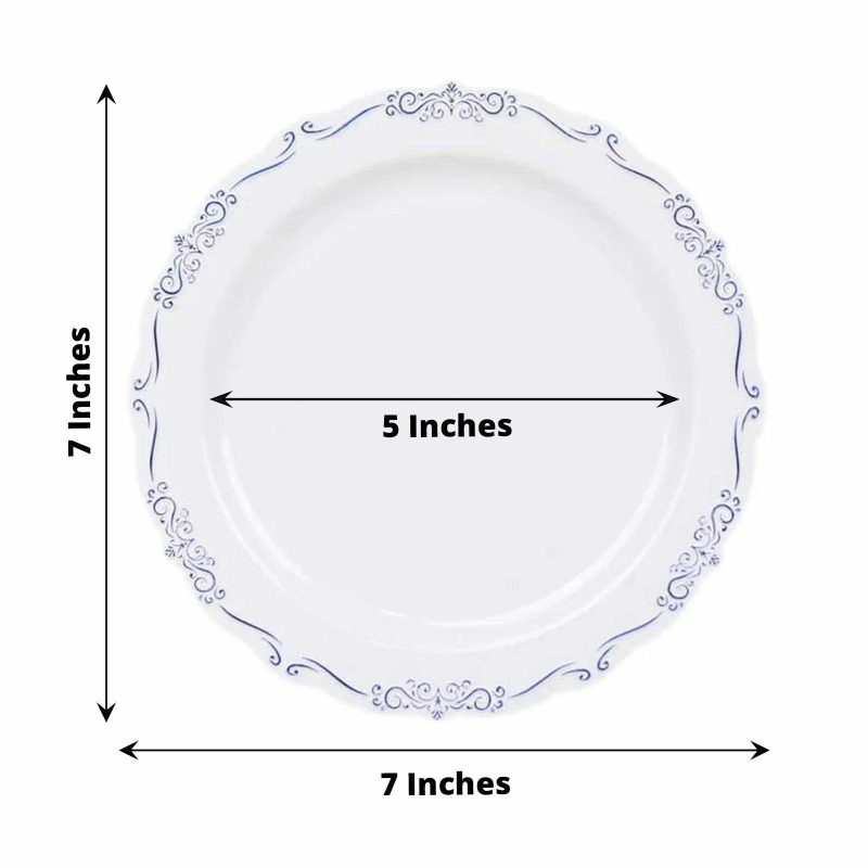 10 Pack White Blue Vintage Rim Hard Plastic Dessert Plates Embossed Scalloped Edges, Round Disposable Appetizer Salad Plates – 7″  |   Disposable Salad/Dessert Plates Disposable Plates Blue