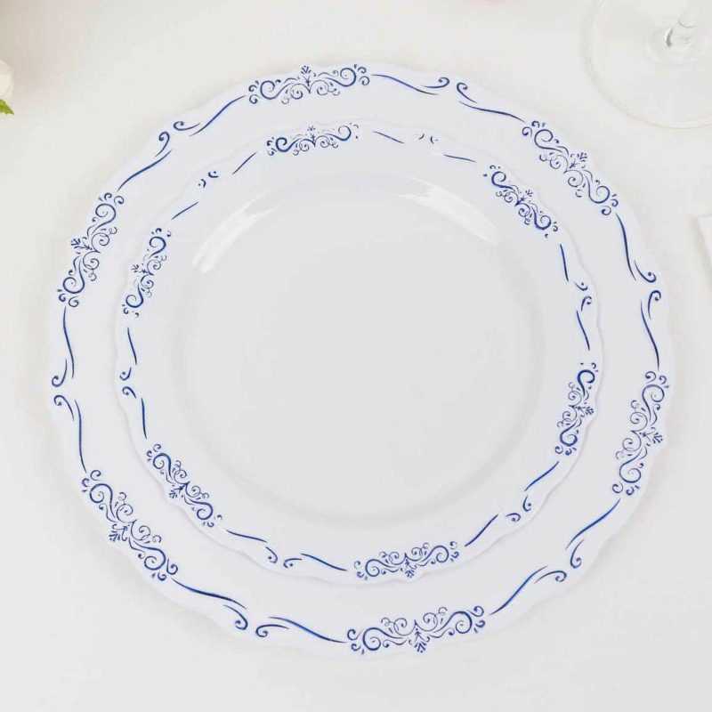 10 Pack White Blue Vintage Rim Hard Plastic Dessert Plates Embossed Scalloped Edges, Round Disposable Appetizer Salad Plates – 7″  |   Disposable Salad/Dessert Plates Disposable Plates Blue