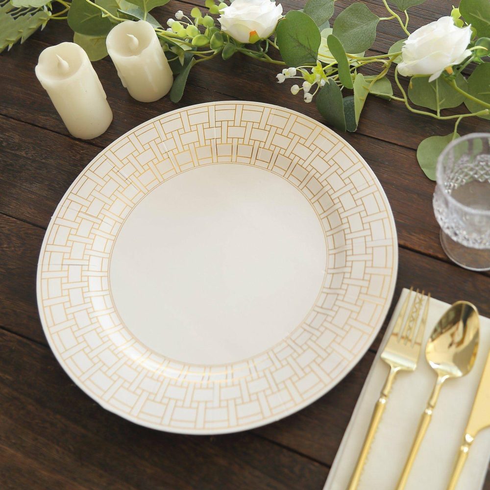 10 Pack White Cardstock Paper Charger Plates With Gold Basketweave Pattern Rim, 13″ Round Disposable Serving Plates – 650GSM  |   Eco-Friendly & Paper Plates Disposable Plates Eco-Friendly & Paper Plates