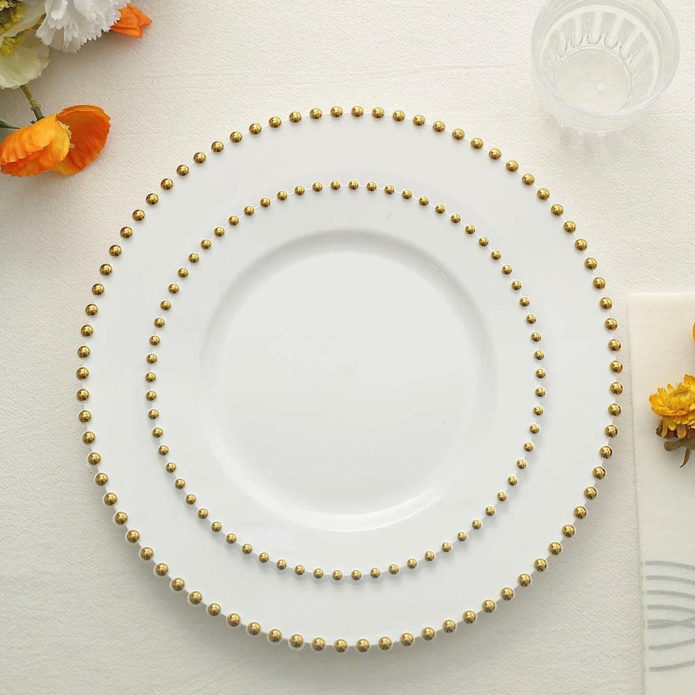 10 Pack White / Gold Beaded Rim Plastic Dessert Appetizer Plates, Disposable Round Salad Party Plates 8″  |   Disposable Salad/Dessert Plates Disposable Plates Disposable Salad/Dessert Plates