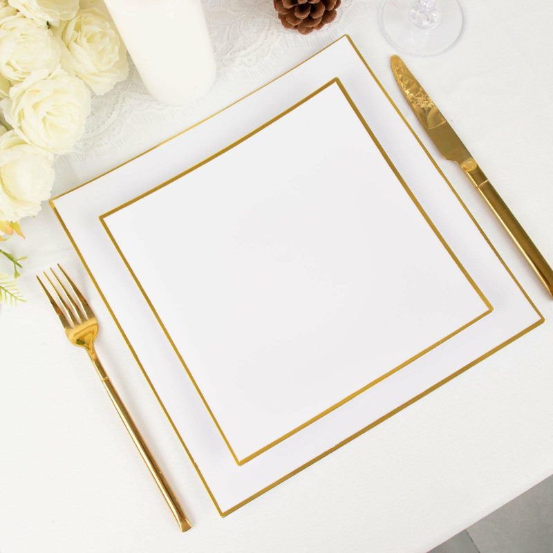 10 Pack White / Gold Concave Modern Square Plastic Dessert Plates, Disposable Salad Appetizer Party Plates 8″  |   Disposable Salad/Dessert Plates Disposable Plates Disposable Salad/Dessert Plates