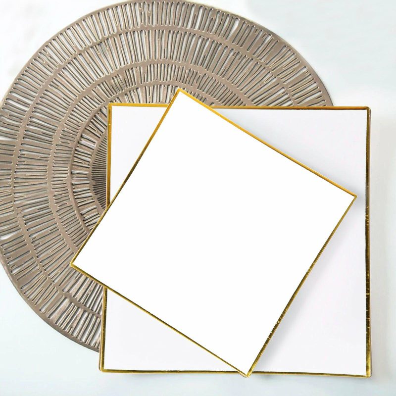 10 Pack White / Gold Concave Modern Square Plastic Dessert Plates, Disposable Salad Appetizer Party Plates 8″  |   Disposable Salad/Dessert Plates Disposable Plates Disposable Salad/Dessert Plates