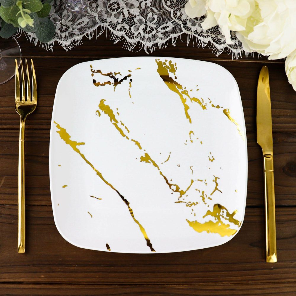 10 Pack White / Gold Marble Square Plastic Dessert Plates, Disposable Appetizer Salad Party Plates 8″  |   Disposable Salad/Dessert Plates Disposable Plates Disposable Salad/Dessert Plates