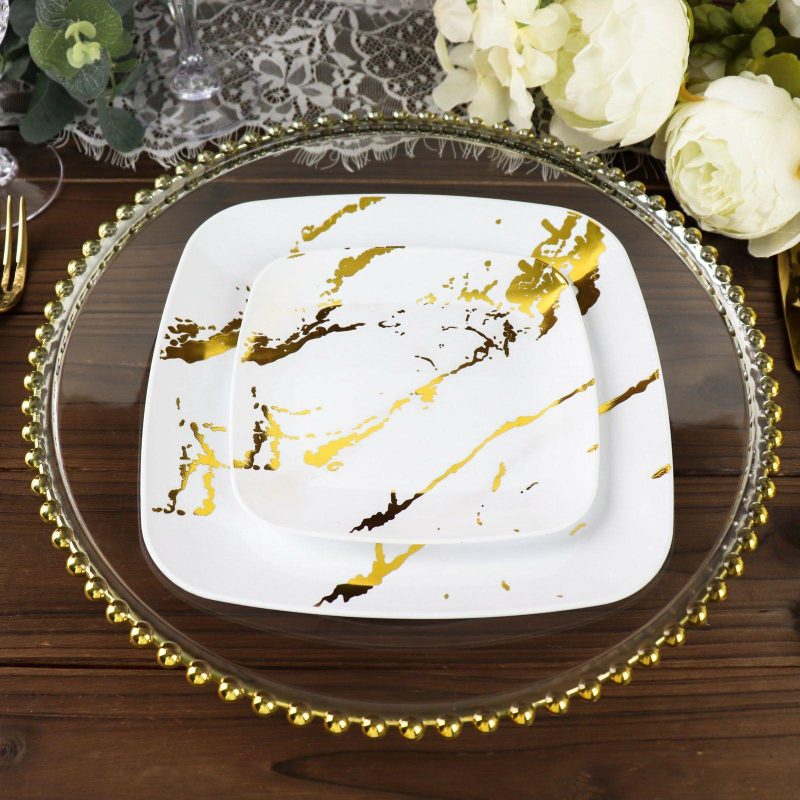 10 Pack White / Gold Marble Square Plastic Dessert Plates, Disposable Appetizer Salad Party Plates 8″  |   Disposable Salad/Dessert Plates Disposable Plates Disposable Salad/Dessert Plates