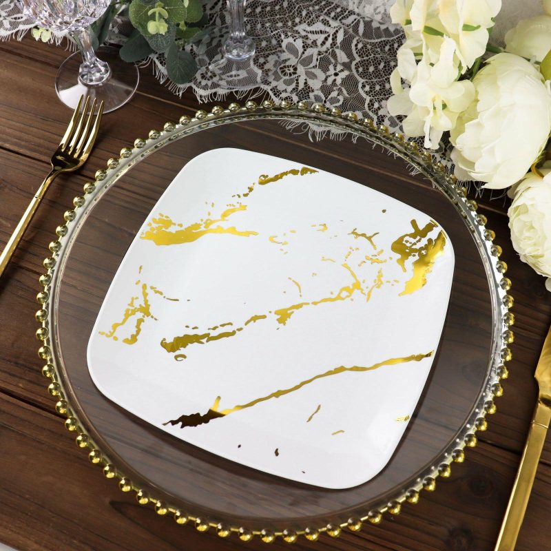 10 Pack White / Gold Marble Square Plastic Dessert Plates, Disposable Appetizer Salad Party Plates 8″  |   Disposable Salad/Dessert Plates Disposable Plates Disposable Salad/Dessert Plates