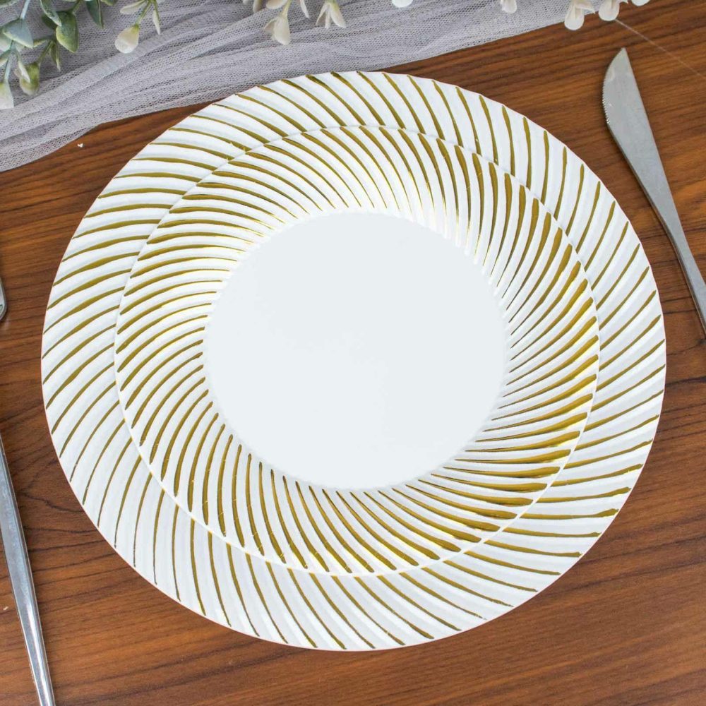 10 Pack White / Gold Swirl Rim Plastic Dessert Appetizer Plates, Round Disposable Salad Plates 7″  |   Disposable Salad/Dessert Plates Disposable Plates Disposable Salad/Dessert Plates