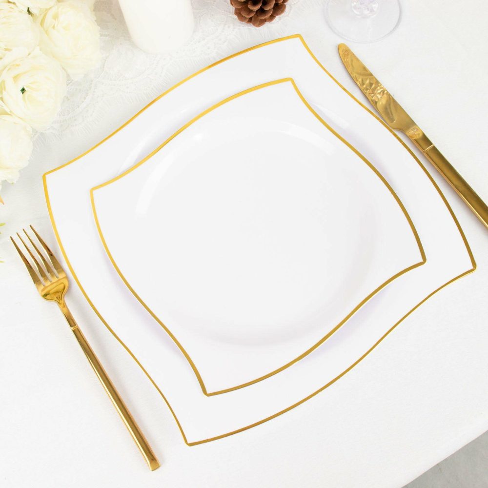 10 Pack White / Gold Wavy Rim Modern Square Plastic Dessert Plates, Disposable Salad Appetizer Party Plates 8″  |   Disposable Salad/Dessert Plates Disposable Plates Disposable Salad/Dessert Plates