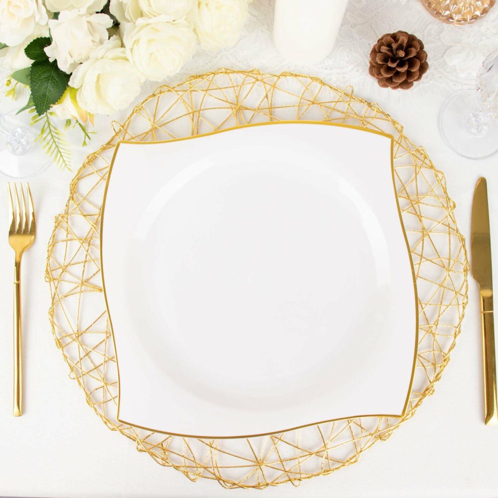 10 Pack White / Gold Wavy Rim Modern Square Plastic Dinner Plates, Disposable Party Plates 10″  |   Disposable Dinner Plates Disposable Dinner Plates Disposable Dinner Plates