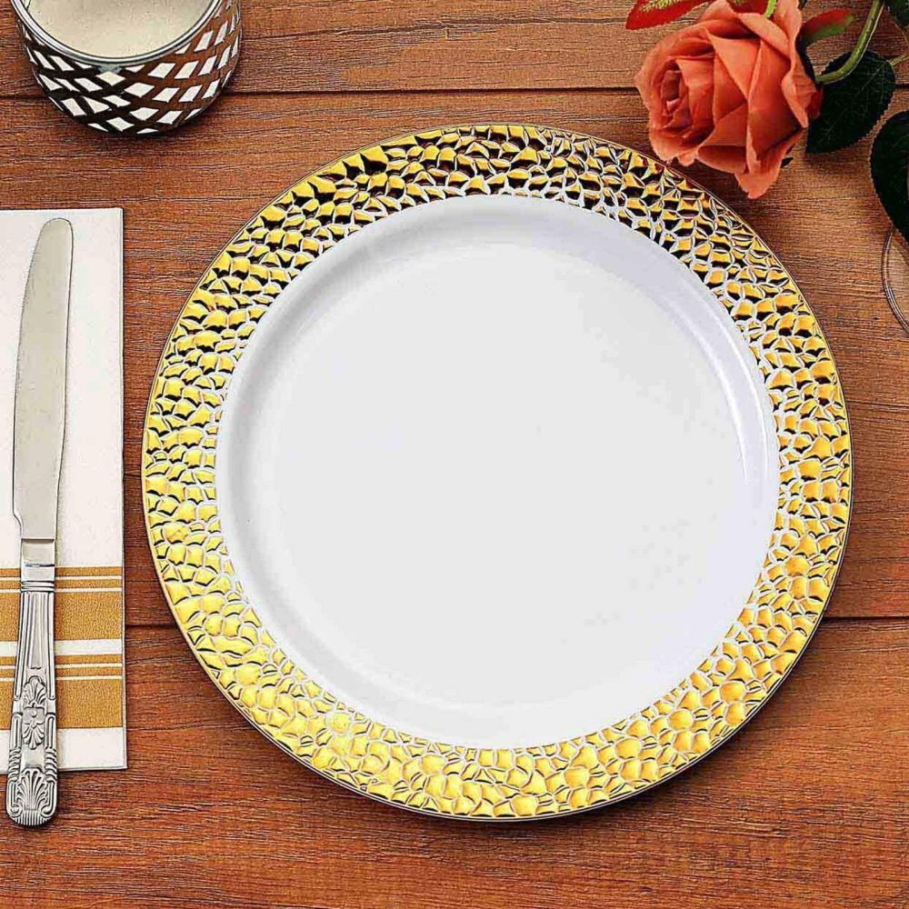 10 Pack White Hammered Design Plastic Dinner Plates With Gold Rim 10″  |   Disposable Dinner Plates Disposable Dinner Plates Disposable Dinner Plates