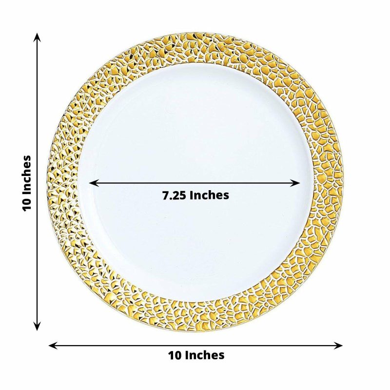 10 Pack White Hammered Design Plastic Dinner Plates With Gold Rim 10″  |   Disposable Dinner Plates Disposable Dinner Plates Disposable Dinner Plates