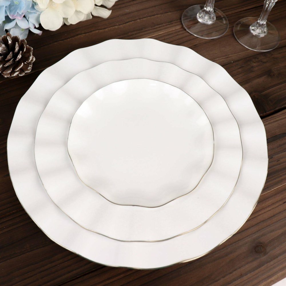 10 Pack White Hard Plastic Dessert Plates with Gold Ruffled Rim, Heavy Duty Disposable Salad Appetizer Dinnerware 6″  |   Disposable Salad/Dessert Plates Disposable Plates Disposable Salad/Dessert Plates