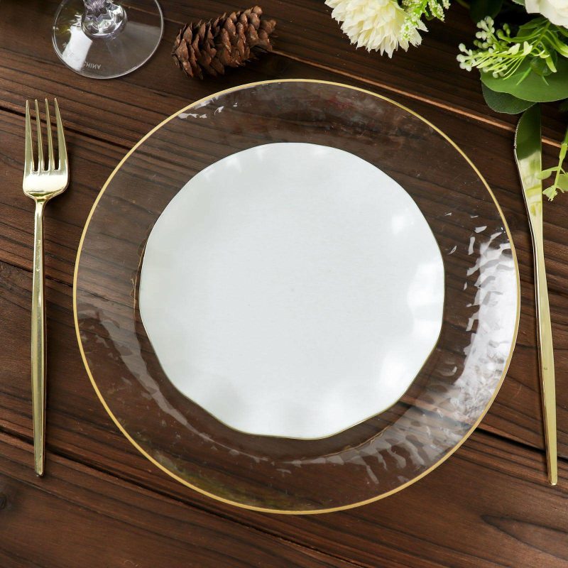 10 Pack White Hard Plastic Dessert Plates with Gold Ruffled Rim, Heavy Duty Disposable Salad Appetizer Dinnerware 6″  |   Disposable Salad/Dessert Plates Disposable Plates Disposable Salad/Dessert Plates