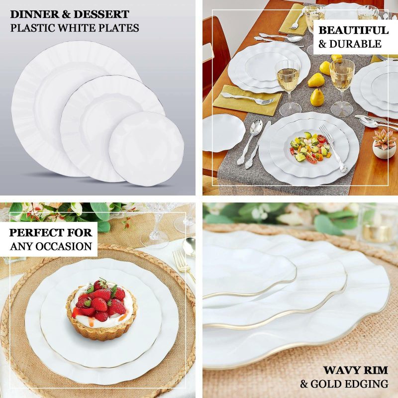 10 Pack White Hard Plastic Dessert Plates with Gold Ruffled Rim, Heavy Duty Disposable Salad Appetizer Dinnerware 6″  |   Disposable Salad/Dessert Plates Disposable Plates Disposable Salad/Dessert Plates