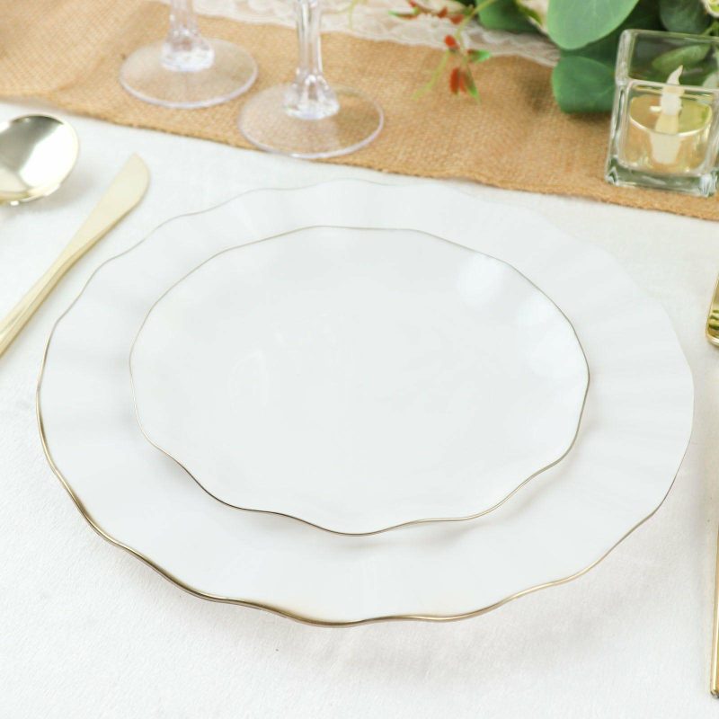 10 Pack White Hard Plastic Dessert Plates with Gold Ruffled Rim, Heavy Duty Disposable Salad Appetizer Dinnerware 6″  |   Disposable Salad/Dessert Plates Disposable Plates Disposable Salad/Dessert Plates