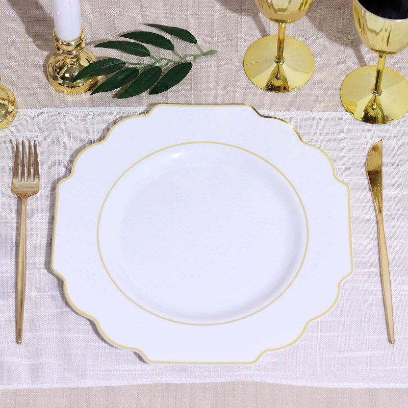 10 Pack White Hard Plastic Dinner Plates, Disposable Tableware, Baroque Heavy Duty Plates with Gold Rim 11″  |   Disposable Dinner Plates Disposable Dinner Plates Disposable Dinner Plates