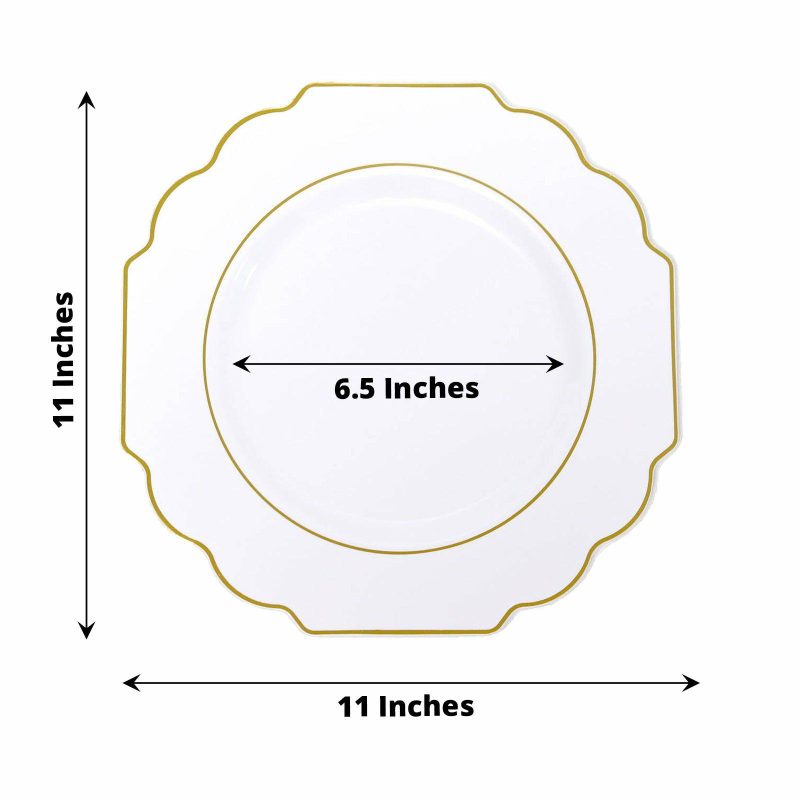 10 Pack White Hard Plastic Dinner Plates, Disposable Tableware, Baroque Heavy Duty Plates with Gold Rim 11″  |   Disposable Dinner Plates Disposable Dinner Plates Disposable Dinner Plates