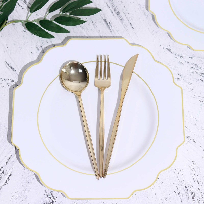 10 Pack White Hard Plastic Dinner Plates, Disposable Tableware, Baroque Heavy Duty Plates with Gold Rim 11″  |   Disposable Dinner Plates Disposable Dinner Plates Disposable Dinner Plates