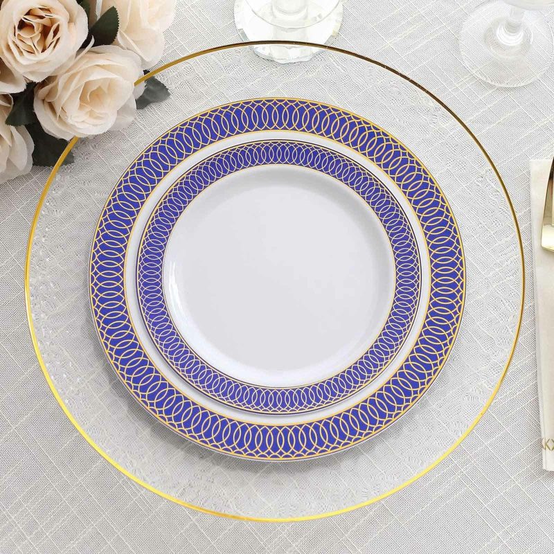 10 Pack White Plastic Dessert Appetizer Plates With Navy Blue Gold Spiral Rim, 7″ Round Disposable Salad Plates  |   Disposable Salad/Dessert Plates Disposable Plates Disposable Salad/Dessert Plates