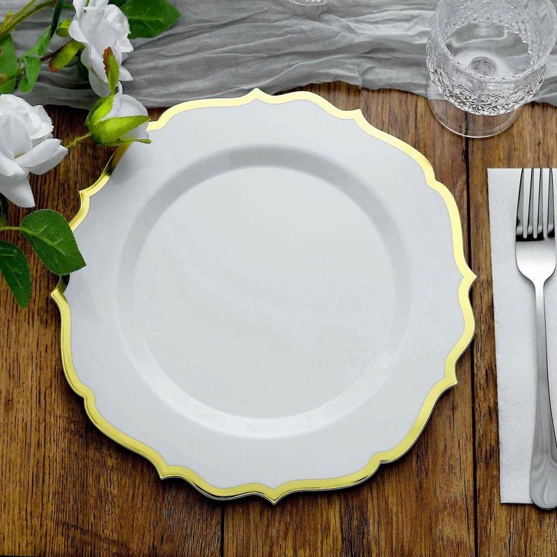 10 Pack White Plastic Dinner Plates Disposable Tableware Round With Gold Scalloped Rim 10″  |   Disposable Dinner Plates Disposable Dinner Plates Disposable Dinner Plates