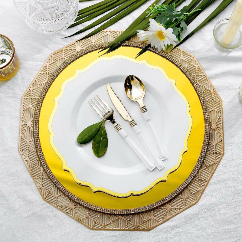 10 Pack White Plastic Dinner Plates Disposable Tableware Round With Gold Scalloped Rim 10″  |   Disposable Dinner Plates Disposable Dinner Plates Disposable Dinner Plates