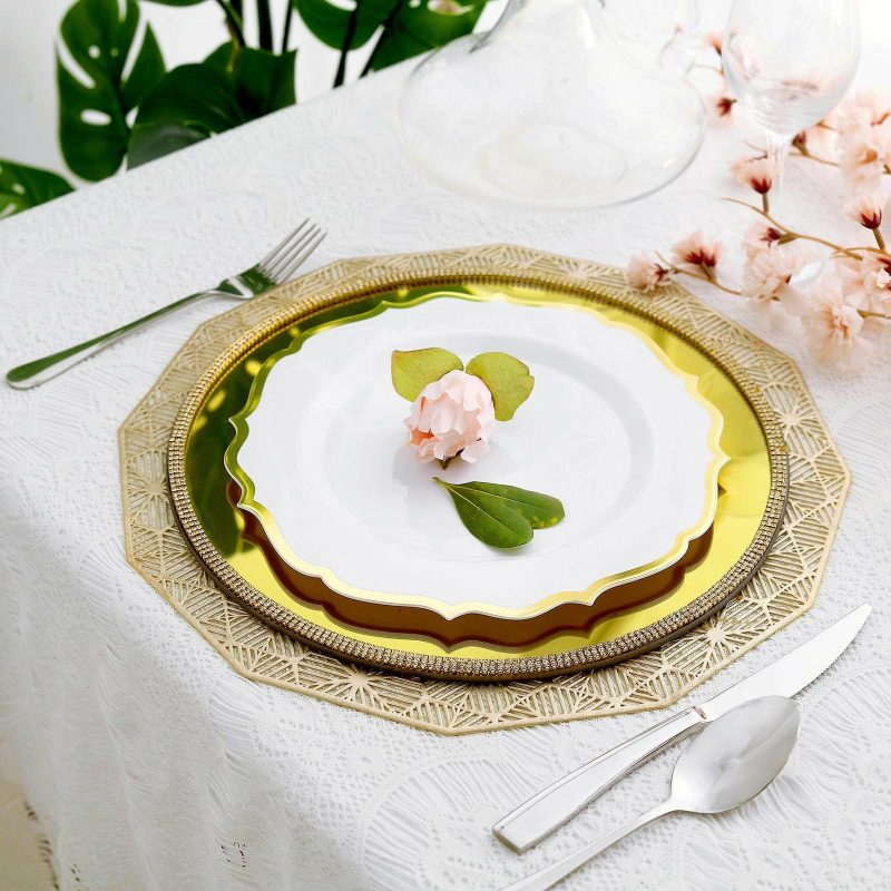 10 Pack White Plastic Dinner Plates Disposable Tableware Round With Gold Scalloped Rim 10″  |   Disposable Dinner Plates Disposable Dinner Plates Disposable Dinner Plates