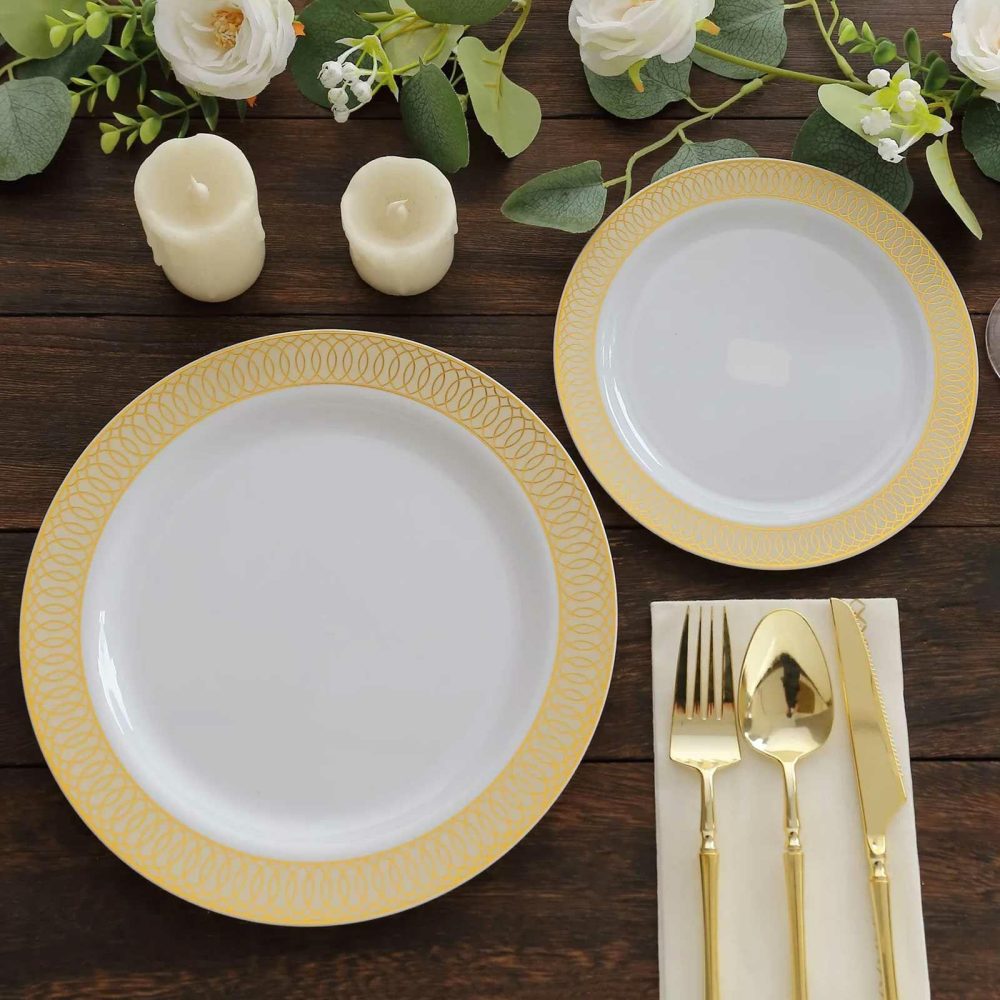 10 Pack White Plastic Dinner Plates With Beige Gold Spiral Rim, Round Disposable Party Plates 10″ Round  |   Disposable Dinner Plates Disposable Dinner Plates Beige/Gold