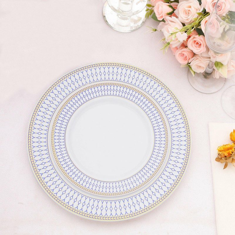 10 Pack White Renaissance Plastic Dessert Plates With Gold Navy Blue Chord Rim, Disposable Salad Appetizer Plates 7″  |   Disposable Salad/Dessert Plates Disposable Plates Disposable Salad/Dessert Plates