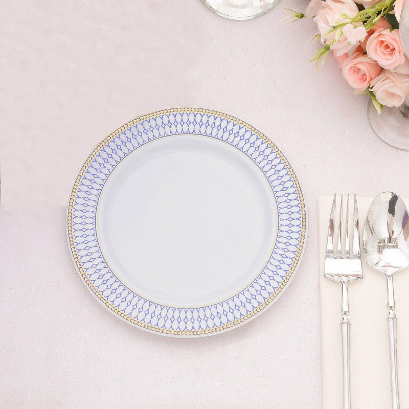 10 Pack White Renaissance Plastic Dessert Plates With Gold Navy Blue Chord Rim, Disposable Salad Appetizer Plates 7″  |   Disposable Salad/Dessert Plates Disposable Plates Disposable Salad/Dessert Plates