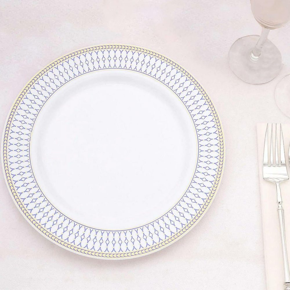 10 Pack White Renaissance Plastic Dinner Plates With Gold Navy Blue Chord Rim, Disposable Party Plates 10″  |   Disposable Dinner Plates Disposable Dinner Plates Disposable Dinner Plates