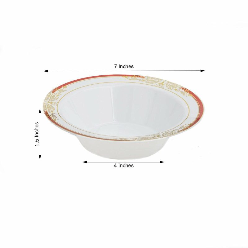 10 Pack White Round Disposable Plastic Soup Bowl With Gold Vine and Red Rim 12oz  |   Dessert Dishes & Snack Bowls Dessert Dishes & Snack Bowls Dessert Dishes & Snack Bowls