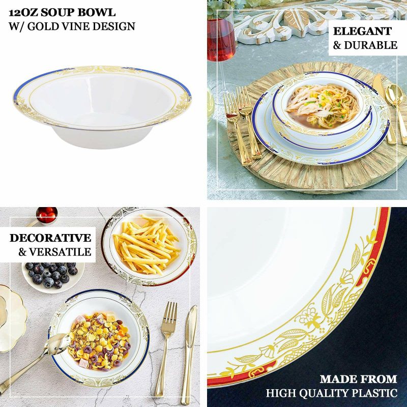 10 Pack White Round Disposable Plastic Soup Bowl With Gold Vine and Red Rim 12oz  |   Dessert Dishes & Snack Bowls Dessert Dishes & Snack Bowls Dessert Dishes & Snack Bowls