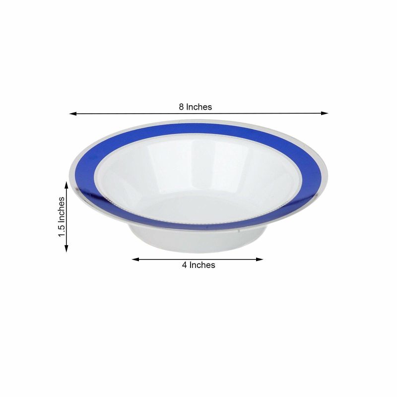 10 Pack White Round Disposable Plastic Soup Bowl With Royal Blue and Silver Rim 12oz  |   Dessert Dishes & Snack Bowls Dessert Dishes & Snack Bowls Dessert Dishes & Snack Bowls