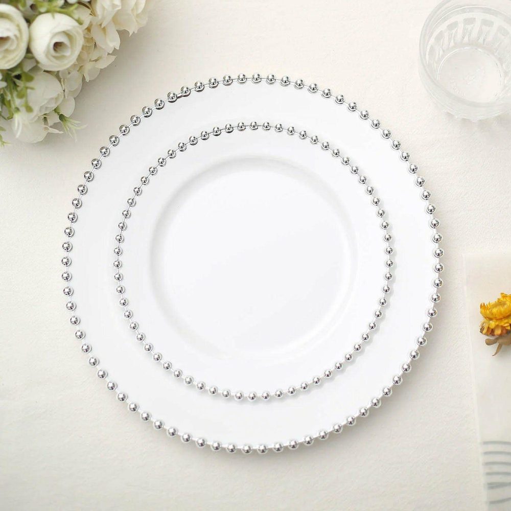 10 Pack White / Silver Beaded Rim Plastic Dessert Appetizer Plates, Disposable Round Salad Party Plates 8″  |   Disposable Salad/Dessert Plates Disposable Plates Disposable Salad/Dessert Plates