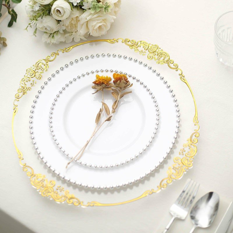 10 Pack White / Silver Beaded Rim Plastic Dessert Appetizer Plates, Disposable Round Salad Party Plates 8″  |   Disposable Salad/Dessert Plates Disposable Plates Disposable Salad/Dessert Plates